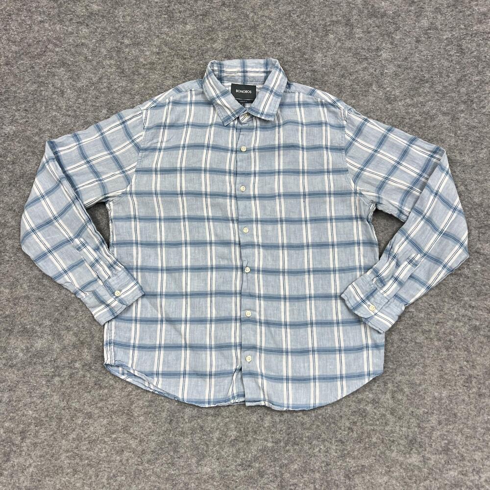 Bonobos Shirt Mens L Blue Plaid Button Up Long Sleeve Linen Coastal Ocean Summer